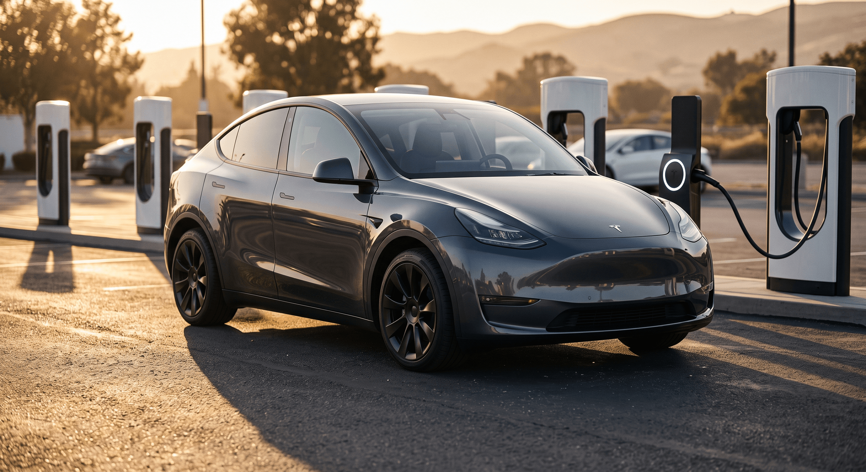 Supercharger istasyonunda DC hızlı şarj olan bir Tesla Model Y; elektrikli araçlarda yüksek akımlı şarjın batarya sağlığına ve degradasyonuna etkisi.