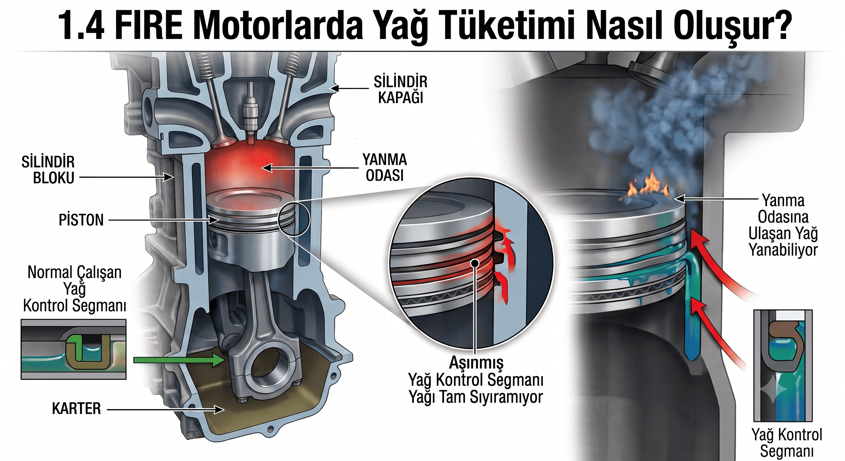 Fiat 1.4 FIRE motorlarda yağ kontrol segmanının yağı tam sıyıramaması sonucu oluşabilecek yağ tüketimini gösteren şematik çizim.