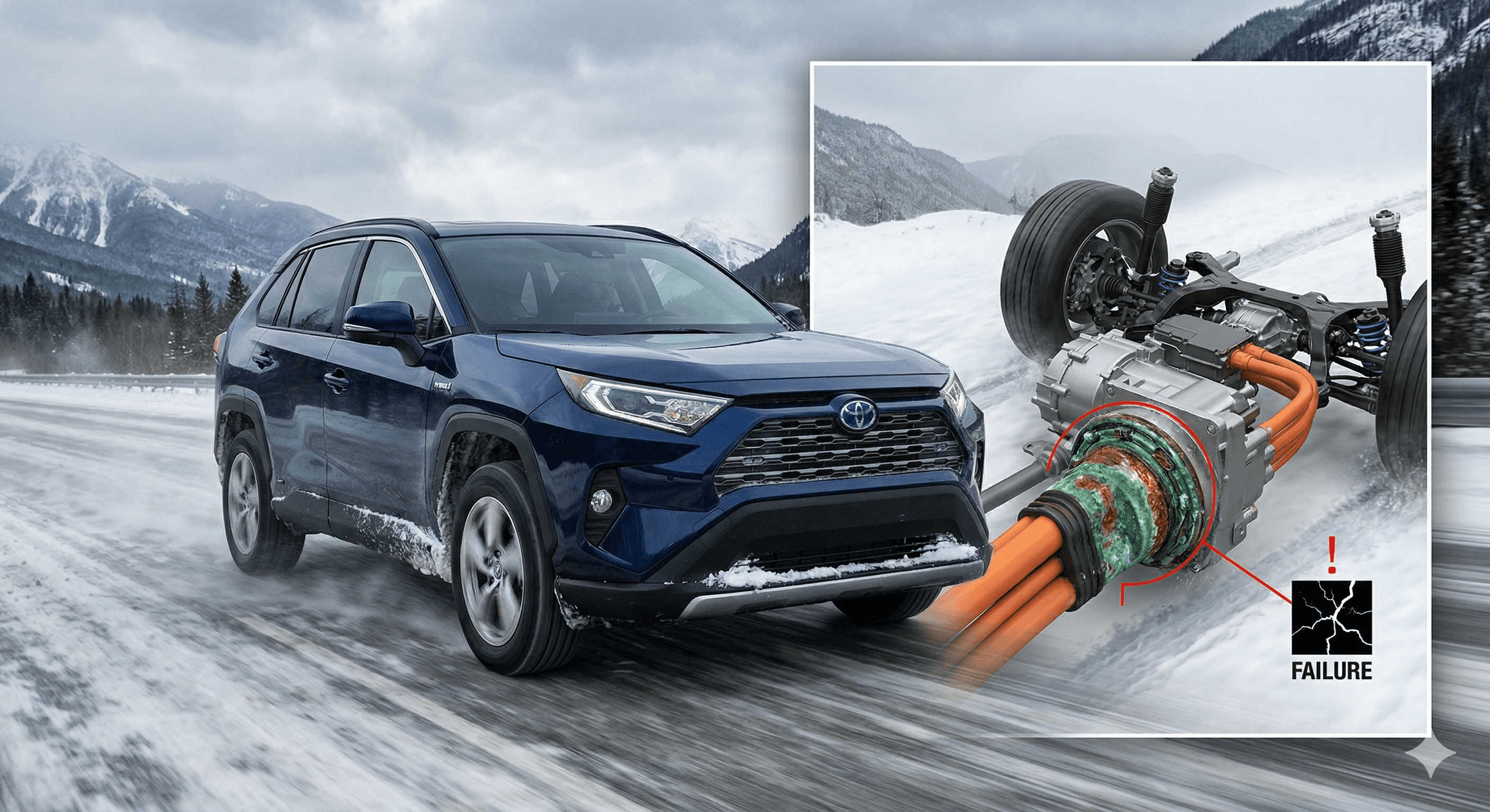 A detailed technical diagram showing severe corrosion and green oxidation on the high voltage cable connector of a Toyota RAV4 Hybrid. Red lines point to the damage, labeled 'FAILURE', illustrating the 'Cablegate' problem.