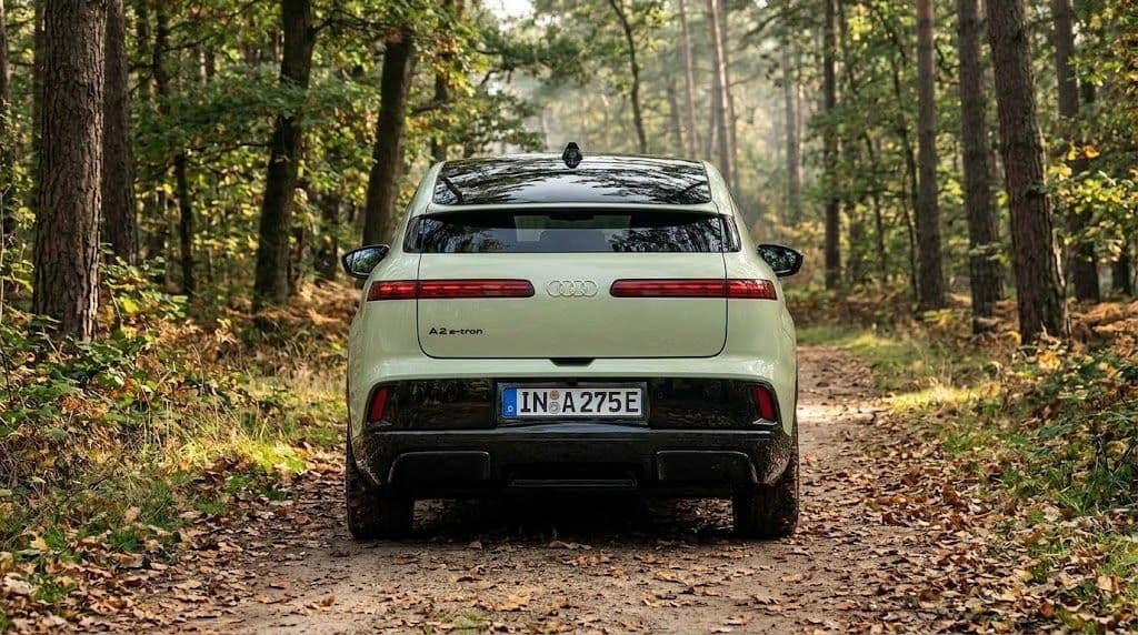 2026 Audi A2 e-tron elektrikli otomobilin arka tasarımı, LED stop lambaları ve bagaj kapağı.