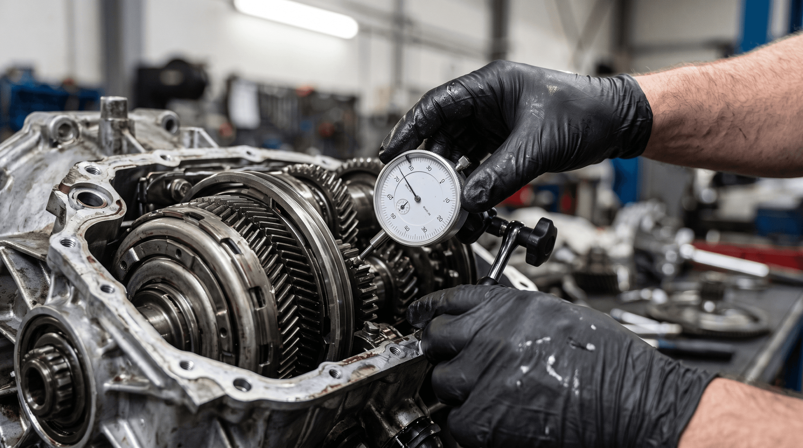 Precision dial indicator gauge used for measuring tolerances during a DSG transmission clutch installation.